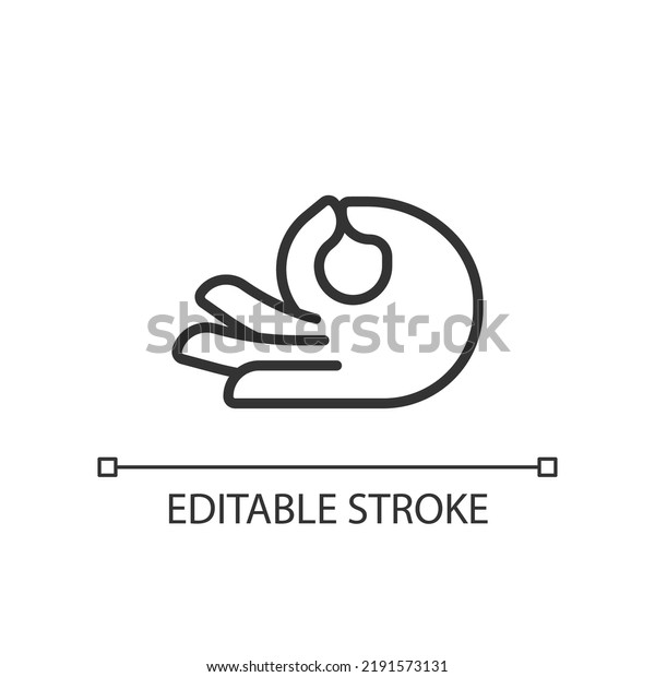 Meditation mudra pixel perfect linear icon. Touching\
thumb and index fingers. Body language. Thin line illustration.\
Contour symbol. Vector outline drawing. Editable stroke. Arial font\
used