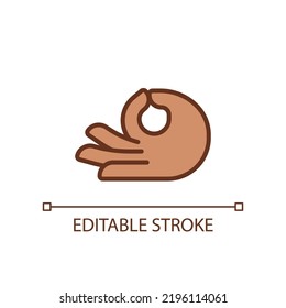 Meditation mudra pixel perfect RGB color icon. Touching thumb and index fingers. Body language. Isolated vector illustration. Simple filled line drawing. Editable stroke. Arial font used