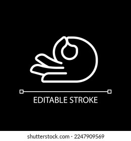 Meditation mudra pixel perfect white linear icon for dark theme. Touching thumb and index fingers. Thin line illustration. Isolated symbol for night mode. Editable stroke. Arial font used