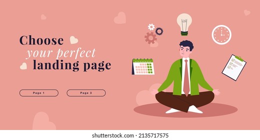 Meditation of multitasking businessman practicing yoga. Man sitting in lotus pose flat vector illustration. Business management, concentration concept for banner, website design or landing web page