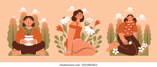 Meditation in nature. Cute naive illustrations with women on outdoors among plants, flowers, trees, leaves. Cartoon peaceful female persons sitting with flower, flower pot in hand. Harmony concept.