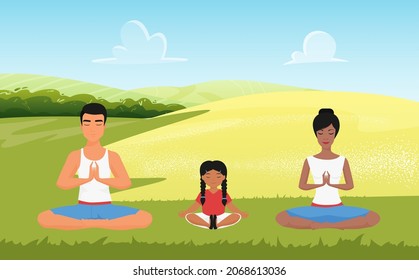 Meditation in nature, young family on background of summer lawn.. They do contemplation thinking, flat vector design