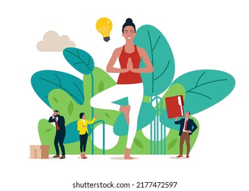 Meditation. Office work balance, creative woman works and thinks. Exercises for searching ideas, emotional business team.