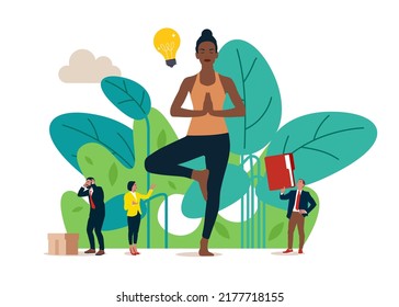 Meditation. Office work balance, creative woman works and thinks. Exercises for searching ideas, emotional business team.