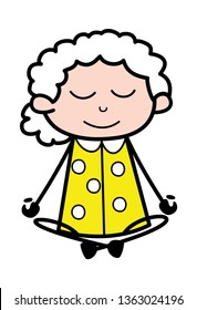 Meditation - Old Cartoon Granny Vector Illustration