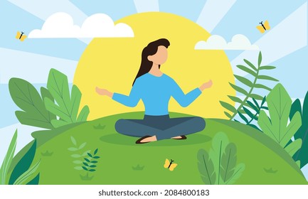 Meditation on nature. Girl in lotus position learns Zen. Yoga and selfcare, stretching, sports. Metaphor of serenity and inner balance. Woman sitting in park. Cartoon flat vector illustration