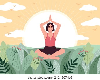 Meditation on nature. Happy girl meets dawn in lotus position, search for zen and soul and body harmony, yoga practice, mental health, mindfulness cartoon flat isolated tidy vector concept