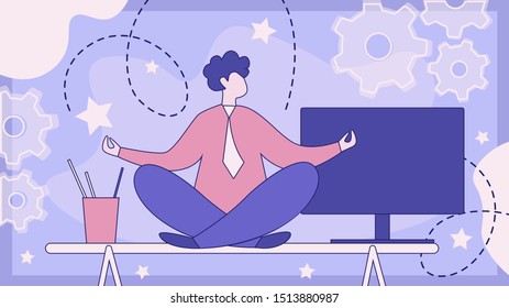 Meditation on Workplace Flat Vector Concept. Man Sitting on Table in Lotus Pose, Meditating, Relaxing in Office, Fighting with Stress, Resting After Hard Work, Finding Emotional Balance Illustration