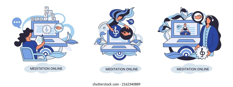 Meditation online. Classes laptop, practicing yoga, mental exercises metaphor. Live stream, internet education. Wellness practice restore peace of mind. Healthy lifestyle, clearing brain and managing