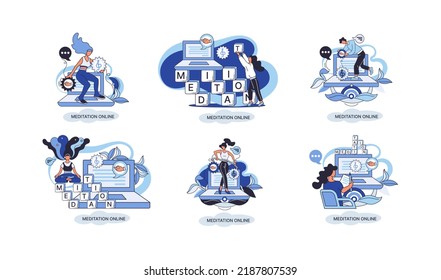 Meditation online. Classes laptop, practicing yoga, mental exercises metaphor. Live stream, internet education. Wellness practice restore peace of mind. Healthy lifestyle, clearing brain and managing