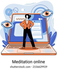 Meditation online concept. Girl watching online classes on laptop, practicing yoga. Live stream, internet education. Woman doing exercise wellness practice to restore peace of mind. Healthy lifestyle