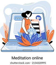 Meditation online metaphor. Classes on laptop, practicing yoga, mental exercises. Live stream, internet education. Wellness practice restore peace mind. Healthy lifestyle, clearing brain and managing