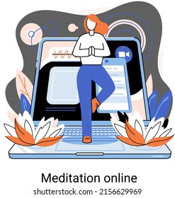 Meditation online metaphor. Classes on laptop, practicing yoga, mental exercises. Live stream, internet education. Wellness practice restore peace mind. Healthy lifestyle, clearing brain and managing