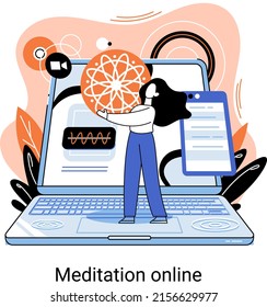 Meditation online metaphor. Classes on laptop, practicing yoga, mental exercises. Live stream, internet education. Wellness practice restore peace mind. Healthy lifestyle, clearing brain and managing