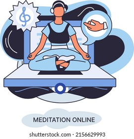 Meditation online metaphor. Classes on laptop, practicing yoga, mental exercises. Live stream, internet education. Wellness practice restore peace mind. Healthy lifestyle, clearing brain and managing