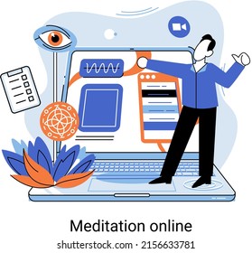 Meditation online metaphor. Classes on laptop, practicing yoga, mental exercises. Live stream, internet education. Wellness practice restore peace mind. Healthy lifestyle, clearing brain and managing