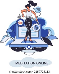 Meditation online metaphor. Classes on laptop, practicing yoga, mental exercises. Live stream, internet education. Wellness practice restore peace mind. Healthy lifestyle, clearing brain and managing