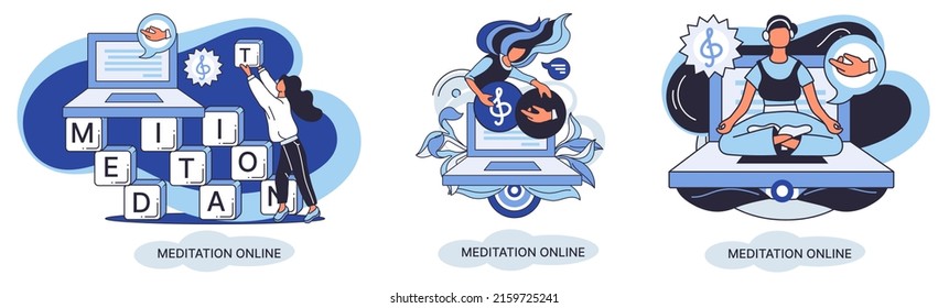 Meditation online metaphor. Classes on laptop, practicing yoga, mental exercises. Live stream, internet education. Wellness practice restore peace mind. Healthy lifestyle, clearing brain and managing