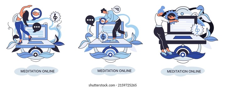 Meditation online metaphor. Classes on laptop, practicing yoga, mental exercises. Live stream, internet education. Wellness practice restore peace mind. Healthy lifestyle, clearing brain and managing