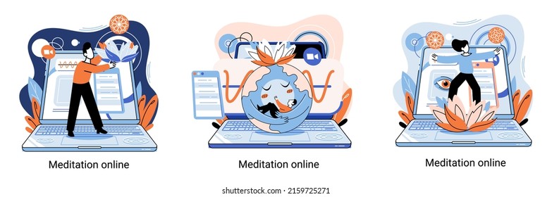 Meditation online metaphor. Classes on laptop, practicing yoga, mental exercises. Live stream, internet education. Wellness practice restore peace mind. Healthy lifestyle, clearing brain and managing