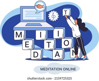 Meditation online metaphor. Classes on laptop, practicing yoga, mental exercises. Live stream, internet education. Wellness practice restore peace mind. Healthy lifestyle, clearing brain and managing