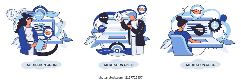 Meditation online metaphor. Classes on laptop, practicing yoga, mental exercises. Live stream, internet education. Wellness practice restore peace mind. Healthy lifestyle, clearing brain and managing