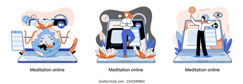 Meditation online metaphor. Classes on laptop, practicing yoga, mental exercises. Live stream, internet education. Wellness practice restore peace mind. Healthy lifestyle, clearing brain and managing