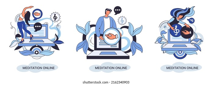 Meditation online metaphor. Classes on laptop, practicing yoga, mental exercises. Live stream, internet education. Wellness practice restore peace mind. Healthy lifestyle, clearing brain and managing
