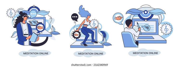 Meditation online metaphor. Classes on laptop, practicing yoga, mental exercises. Live stream, internet education. Wellness practice restore peace mind. Healthy lifestyle, clearing brain and managing