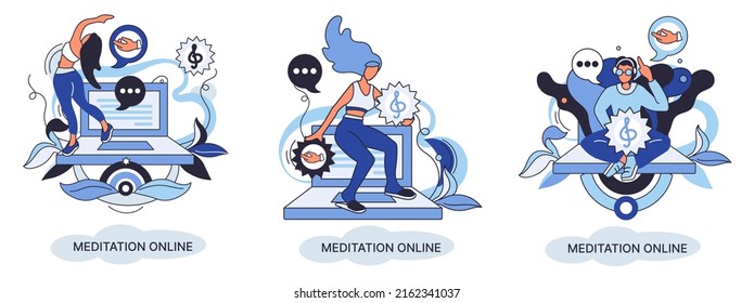 Meditation online metaphor. Classes on laptop, practicing yoga, mental exercises. Live stream, internet education. Wellness practice restore peace mind. Healthy lifestyle, clearing brain and managing