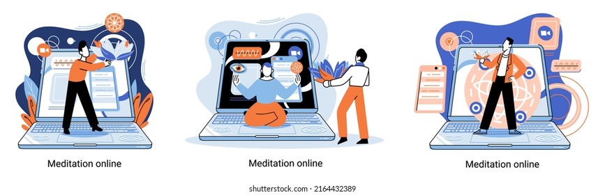 Meditation online metaphor. Classes on laptop, practicing yoga, mental exercises. Live stream, internet education. Wellness practice restore peace mind. Healthy lifestyle, clearing brain and managing