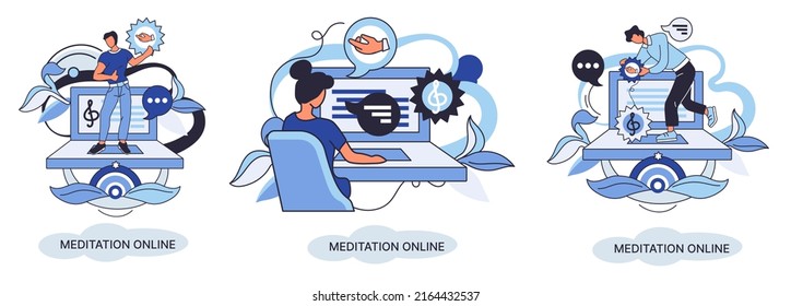 Meditation online metaphor. Classes on laptop, practicing yoga, mental exercises. Live stream, internet education. Wellness practice restore peace mind. Healthy lifestyle, clearing brain and managing
