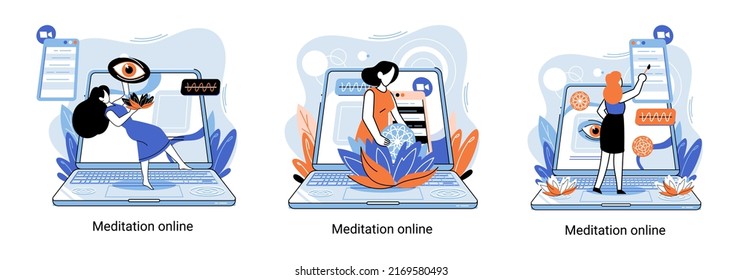 Meditation online metaphor. Classes on laptop, practicing yoga, mental exercises. Live stream, internet education. Wellness practice restore peace mind. Healthy lifestyle, clearing brain and managing