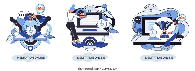 Meditation online metaphor. Classes on laptop, practicing yoga, mental exercises. Live stream, internet education. Wellness practice restore peace mind. Healthy lifestyle, clearing brain and managing