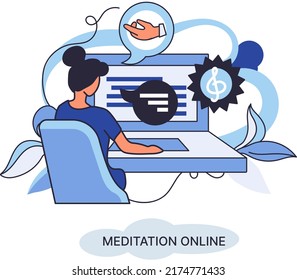 Meditation online metaphor. Classes on laptop, practicing yoga, mental exercises. Live stream, internet education. Wellness practice restore peace mind. Healthy lifestyle, clearing brain and managing