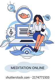 Meditation online metaphor. Classes on laptop, practicing yoga, mental exercises. Live stream, internet education. Wellness practice restore peace mind. Healthy lifestyle, clearing brain and managing