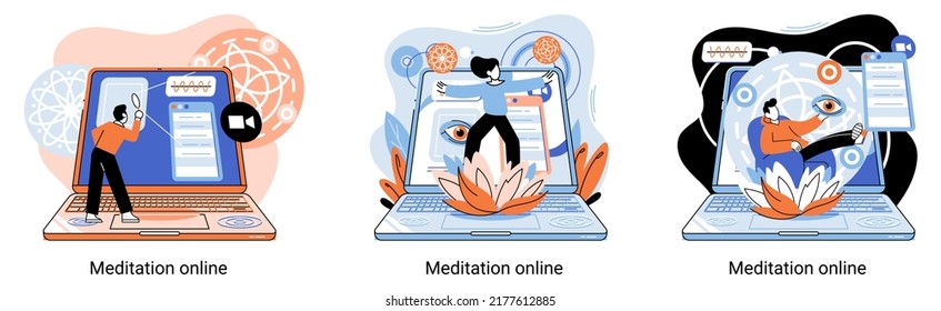 Meditation online metaphor. Classes on laptop, practicing yoga, mental exercises. Live stream, internet education. Wellness practice restore peace mind. Healthy lifestyle, clearing brain and managing