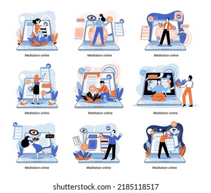 Meditation online metaphor. Classes on laptop, practicing yoga, mental exercises. Live stream, internet education. Wellness practice restore peace mind. Healthy lifestyle, clearing brain and managing