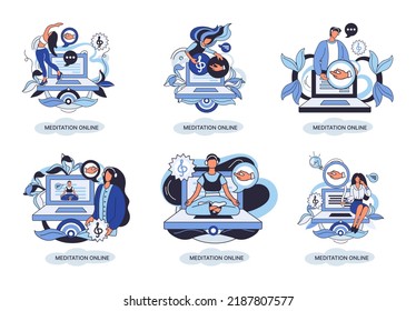 Meditation online metaphor. Classes on laptop, practicing yoga, mental exercises. Live stream, internet education. Wellness practice restore peace mind. Healthy lifestyle, clearing brain and managing