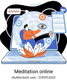 Meditation online metaphor. Classes on laptop, practicing yoga, mental exercises. Live stream, internet education. Wellness practice restore peace mind. Healthy lifestyle, clearing brain and