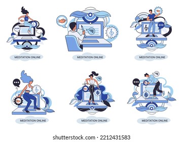Meditation online metaphor. Classes on laptop, practicing yoga, mental exercises. Live stream, internet education. Wellness practice restore peace mind. Healthy lifestyle, clearing brain and managing