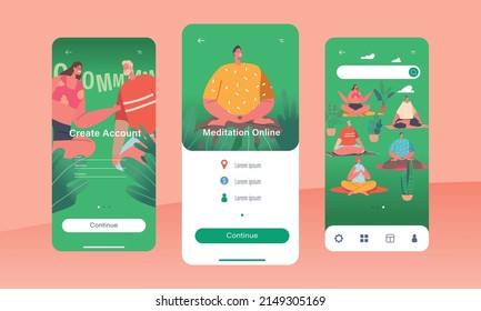 Meditation Online Mobile App Page Onboard Screen Template. Male or Female Characters Outdoor Yoga Activity. People Doing Sports Exercises in Park. Fitness, Workout Concept. Cartoon Vector Illustration