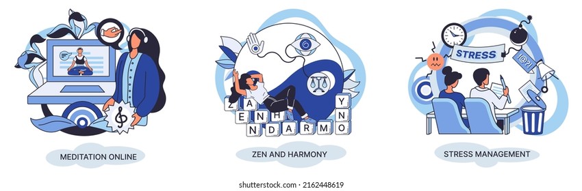 Meditation online. Self-management, self regulation learning, self-organization course, control over emotions metaphor Online yoga at home meditating. Deals with stress management, zen and harmony