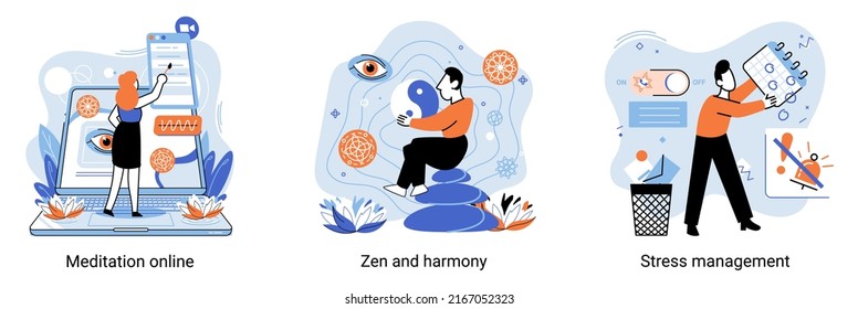 Meditation online. Self-management, self regulation learning, self-organization course, control over emotions metaphor Online yoga at home meditating. Deals with stress management, zen and harmony