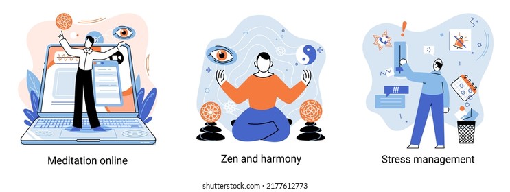 Meditation online. Self-management, self regulation learning, self-organization course, control over emotions metaphor Online yoga at home meditating. Deals with stress management, zen and harmony