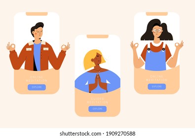 Meditation online training. Meditating men and women on online course meditate on smartphone screen. Distance, remote yoga, relax, mindfulness, breathing training. Online meditation class