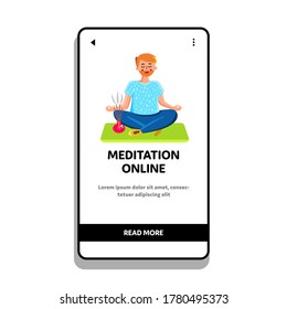 Formación En Línea De Meditación Con Vector De Entrenadores. Meditar Al Hombre Y Quemar Incendios Aromáticos Tiene Cursos De Meditación En Línea. Personajes De Ojos Cerrados Sentados En La Ilustración De Dibujo De Yoga Mat Web Flat