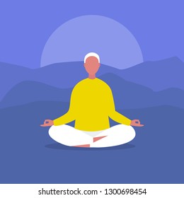 Meditation. Outdoor yoga. Harmony and relaxation. Calm male character sitting in a lotus pose. Flat editable vector illustration, clip art. Modern healthy lifestyle