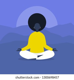 Meditation. Outdoor yoga. Harmony and relaxation. Calm black female character sitting in a lotus pose. Flat editable vector illustration, clip art. Modern healthy lifestyle