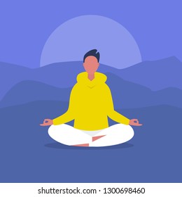 Meditation. Outdoor Yoga. Harmony And Relaxation. Calm Male Character Sitting In A Lotus Pose. Flat Editable Vector Illustration, Clip Art. Modern Healthy Lifestyle